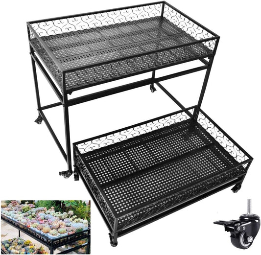 2-Tiers Metal Mobile Raised Garden Succulent Flower Stand, Floor Standing Elevated Balcony Planter Garden Stand with Wheels, Indoor-Outdoor Flower Pot Black Rack and Storage Shelf