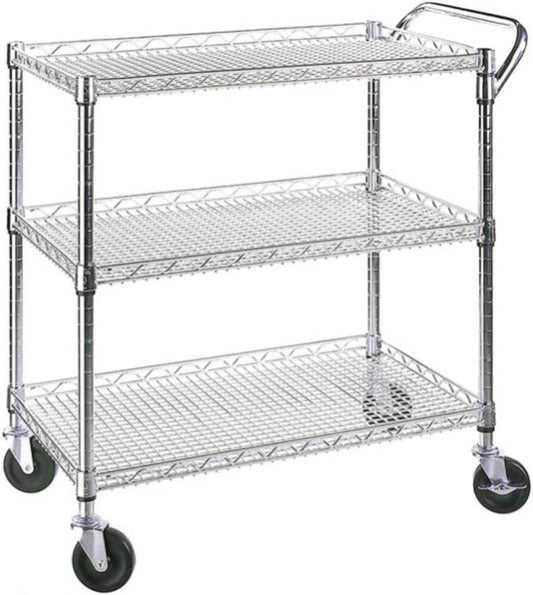 Heavy Duty 3 Tier Rolling Utility Cart Kitchen Cart on Wheels Metal Serving Cart Commercial Grade with Wire Shelving and Handle Bar for Kitchen Office Hardware